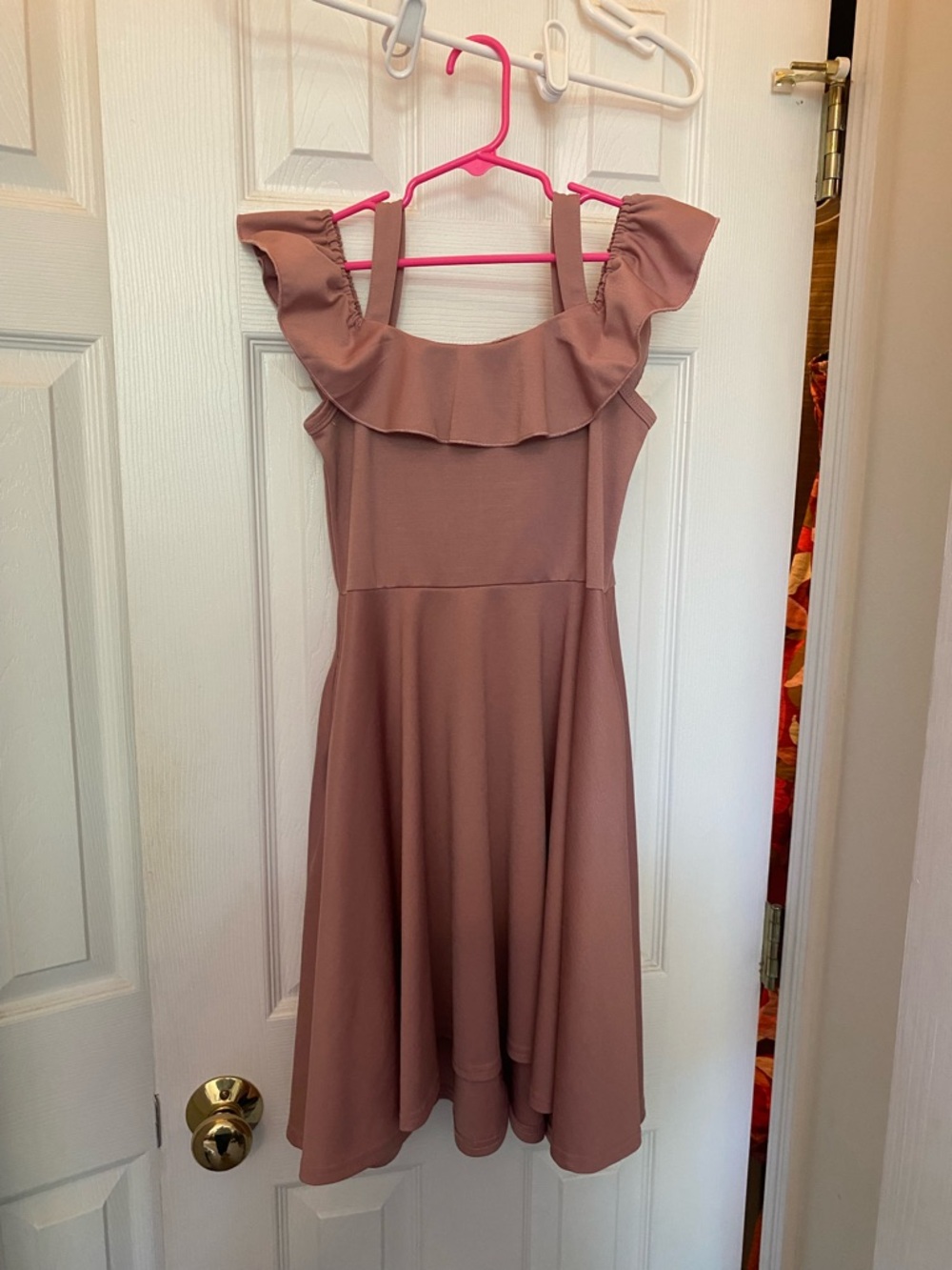 Mauve Off-Shoulder Ruffle Fit & Flare Dress